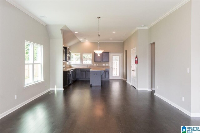 kitchen with a wealth of natural light, dark hardwood / wood-style floors, decorative light fixtures, and a kitchen island