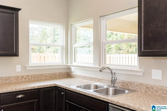 kitchen with dark brown cabinetry, stainless steel dishwasher, and sink