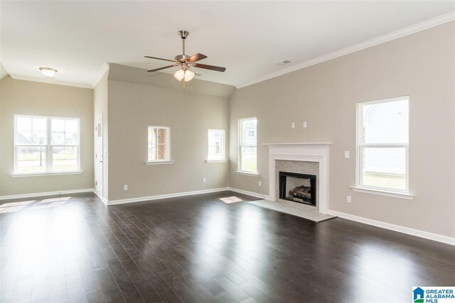 unfurnished living room with ornamental molding, dark hardwood / wood-style floors, and ceiling fan