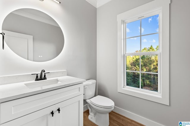 bathroom with hardwood / wood-style floors, vanity, toilet, and ornamental molding