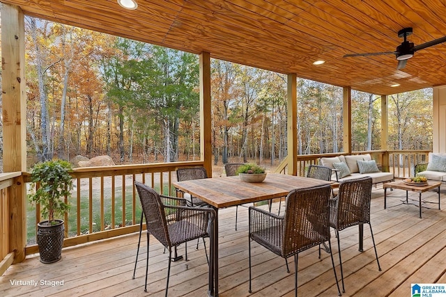 sunroom / solarium featuring ceiling fan and wood ceiling