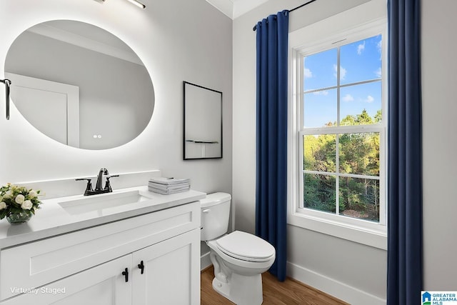 bathroom with toilet, vanity, and hardwood / wood-style flooring