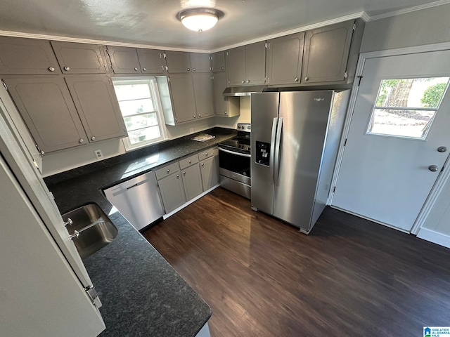 kitchen with gray cabinets, stainless steel appliances, dark hardwood / wood-style floors, and sink