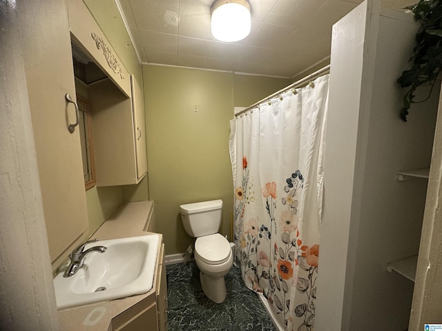 bathroom with vanity, a shower with shower curtain, and toilet