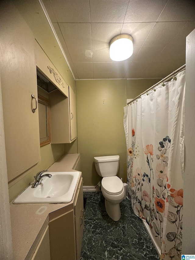 bathroom with a shower with curtain, vanity, and toilet