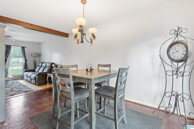 dining space featuring a chandelier, beam ceiling, and dark hardwood / wood-style flooring