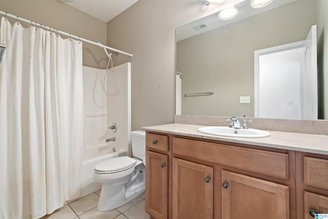 full bathroom with toilet, vanity, shower / bath combination with curtain, and tile patterned floors