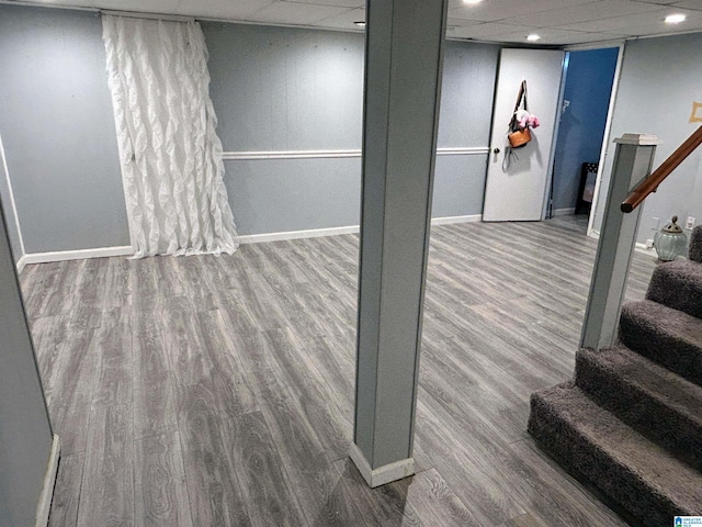 basement with a paneled ceiling and wood-type flooring