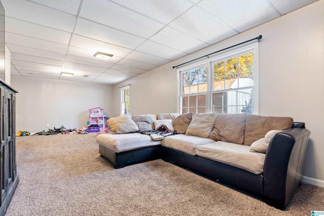 living room with plenty of natural light, a drop ceiling, and carpet floors