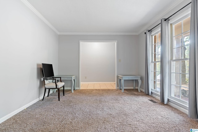 sitting room featuring plenty of natural light, ornamental molding, and light carpet