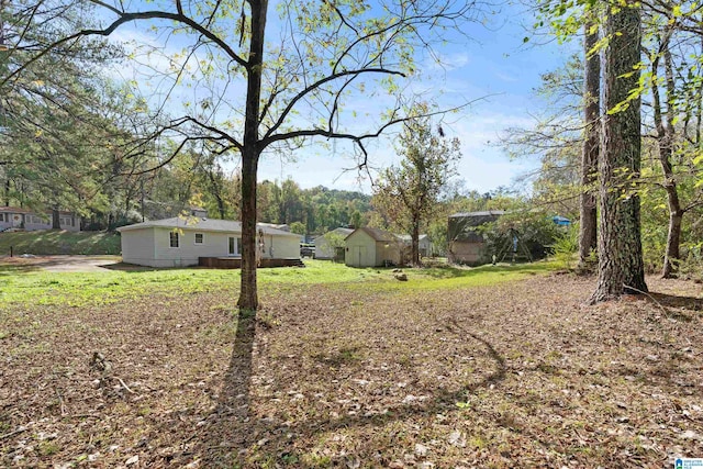 view of yard featuring a storage unit