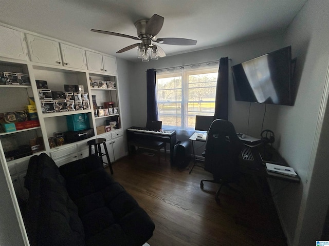 office area with dark hardwood / wood-style floors and ceiling fan