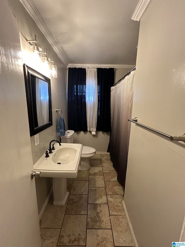 bathroom with sink, toilet, and crown molding