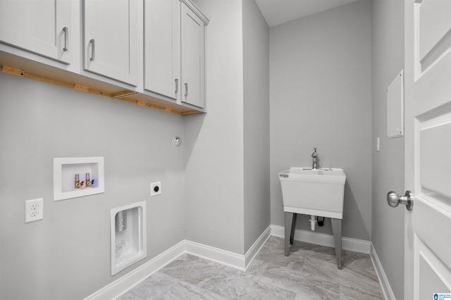275 Avondale Ln, Pell City, AL 35128 - laundry area featuring cabinet space, light marble finish flooring, electric dryer hookup, washer hookup, and baseboards