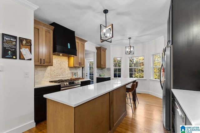 kitchen with tasteful backsplash, premium range hood, stainless steel appliances, a kitchen island, and light hardwood / wood-style flooring