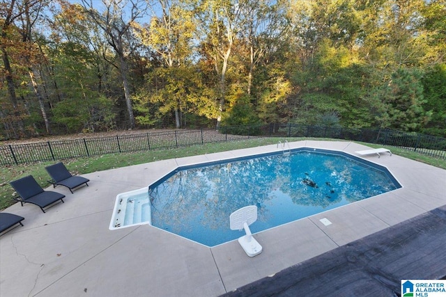 view of swimming pool featuring a patio and a diving board