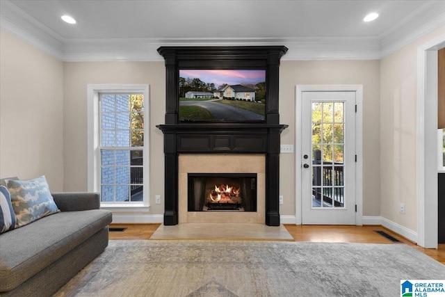 living room featuring ornamental molding, a large fireplace, a healthy amount of sunlight, and light hardwood / wood-style flooring