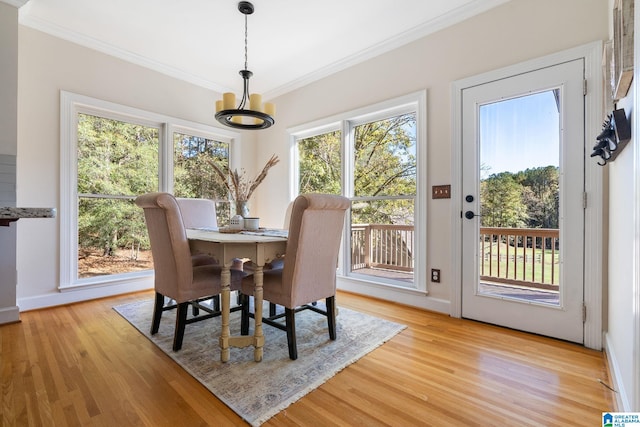 dining space with plenty of natural light, light hardwood / wood-style floors, and crown molding