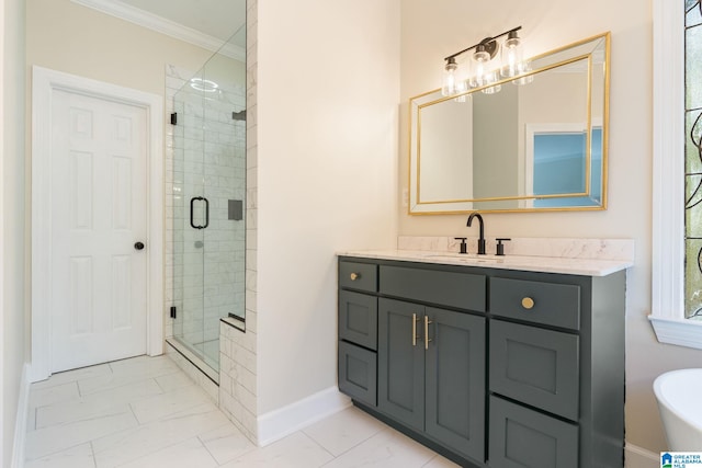 bathroom with a shower with shower door, vanity, and crown molding