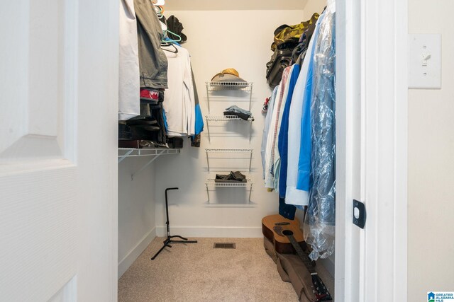 walk in closet with light carpet