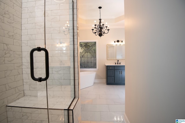 401 El Camino Real, Chelsea, AL 35043 - full bathroom with crown molding, a freestanding bath, a chandelier, tiled shower, and marble finish floors