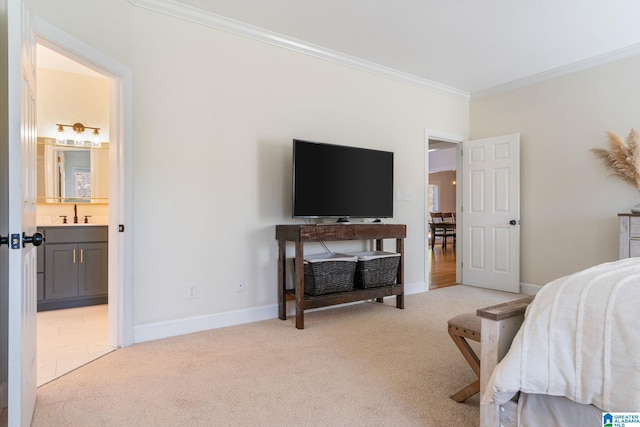 401 El Camino Real, Chelsea, AL 35043 - bedroom featuring crown molding, light colored carpet, baseboards, a sink, and connected bathroom
