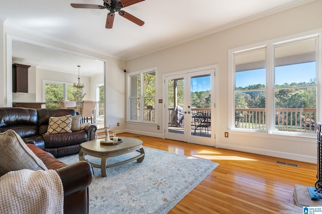 living room featuring french doors, light hardwood / wood-style floors, and a healthy amount of sunlight