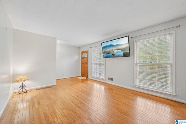 unfurnished living room featuring light wood-type flooring, plenty of natural light, and a textured ceiling