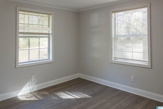 empty room with ornamental molding and dark hardwood / wood-style floors