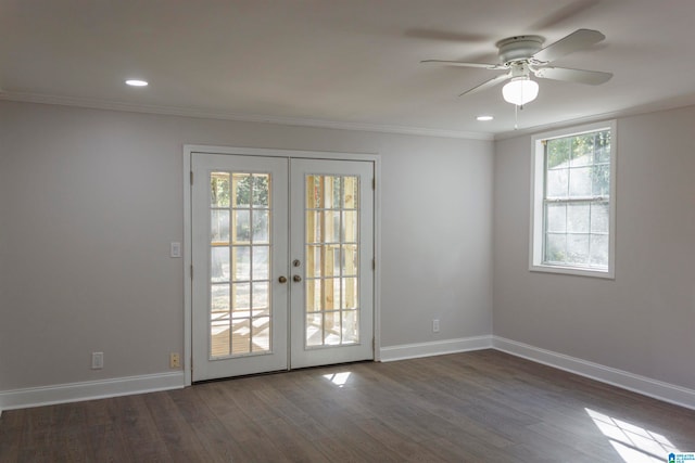 entryway featuring ornamental molding, french doors, dark hardwood / wood-style flooring, and ceiling fan