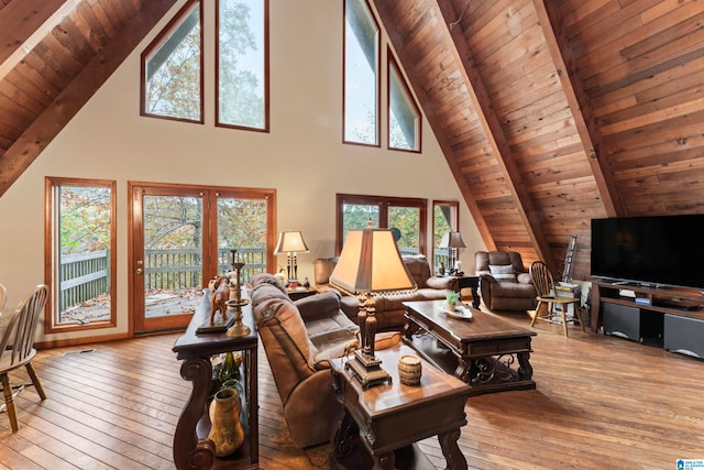 living room featuring high vaulted ceiling, wood ceiling, and wood-type flooring