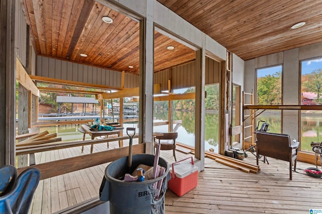 sunroom with a water view and wooden ceiling