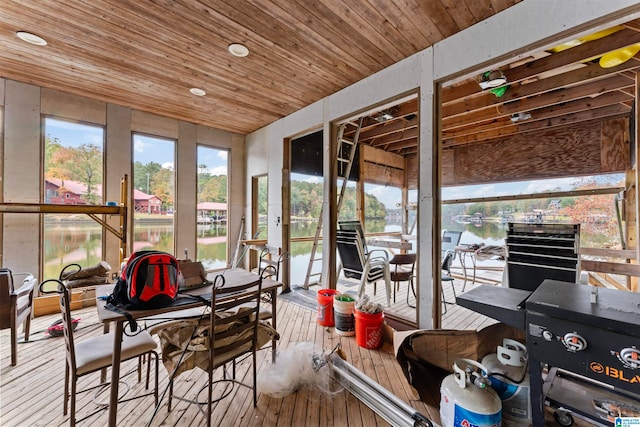 sunroom featuring wood ceiling and a water view