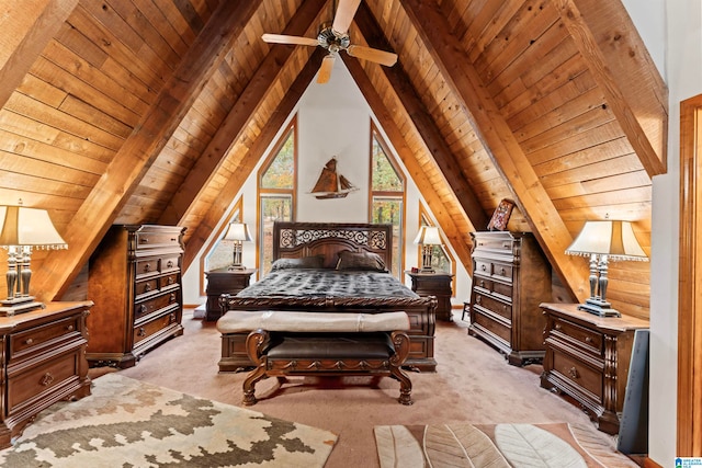 carpeted bedroom featuring ceiling fan, wood ceiling, high vaulted ceiling, and beam ceiling