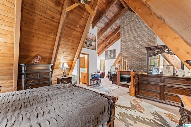 carpeted bedroom featuring high vaulted ceiling, a fireplace, wood ceiling, and beam ceiling