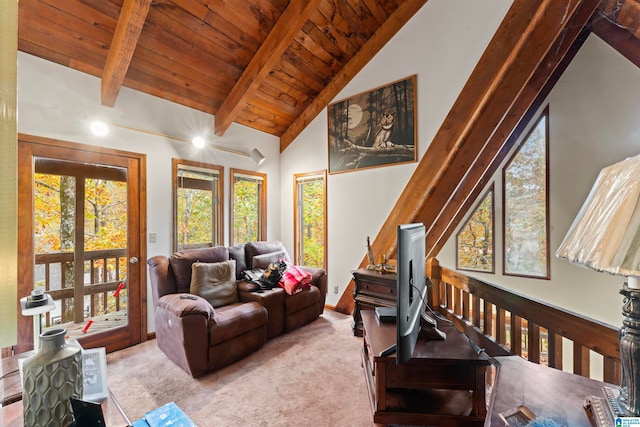 carpeted living room featuring wood ceiling, high vaulted ceiling, and beam ceiling