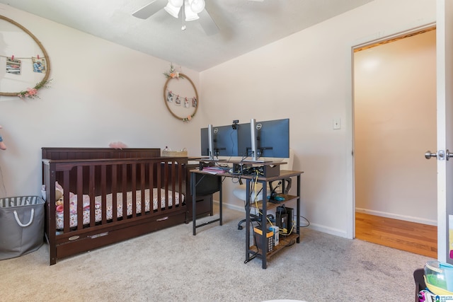 carpeted bedroom featuring ceiling fan