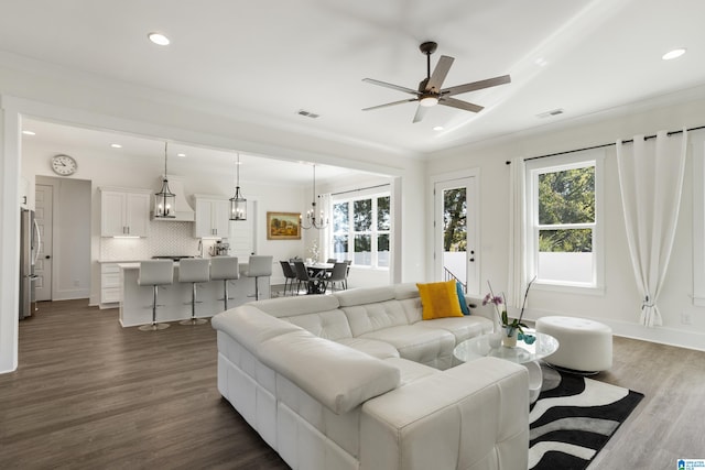 living room featuring dark wood-type flooring, ceiling fan with notable chandelier, and ornamental molding