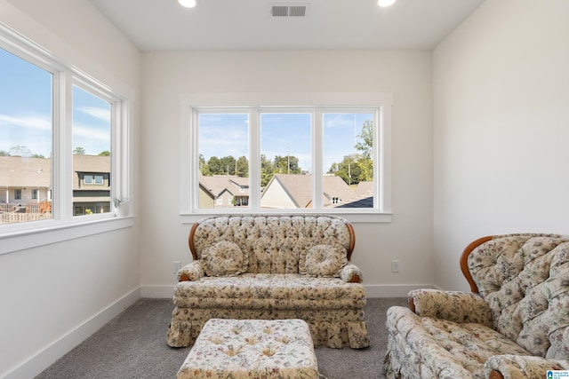 living area with a wealth of natural light and carpet floors