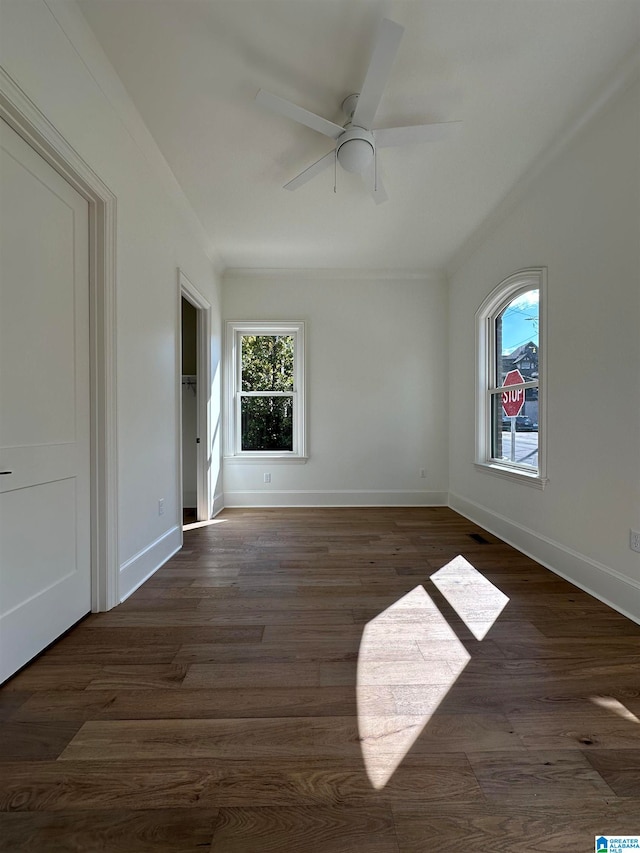 spare room featuring ceiling fan and dark wood-type flooring