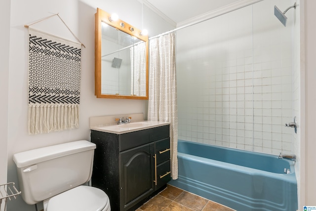 full bathroom with shower / bath combination with curtain, vanity, crown molding, tile patterned flooring, and toilet