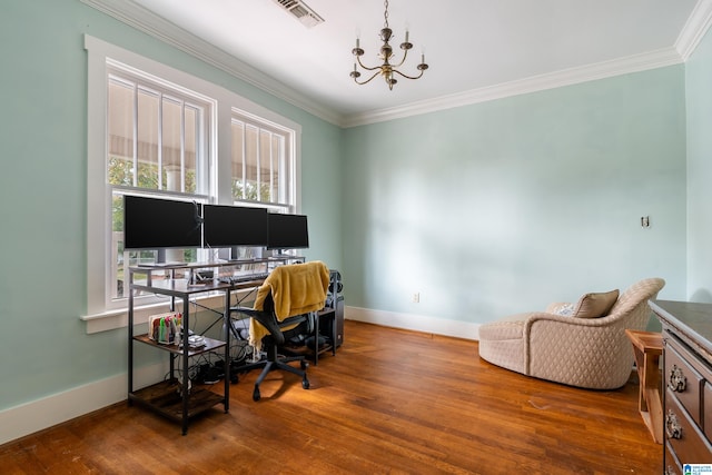 home office with ornamental molding, hardwood / wood-style flooring, and an inviting chandelier