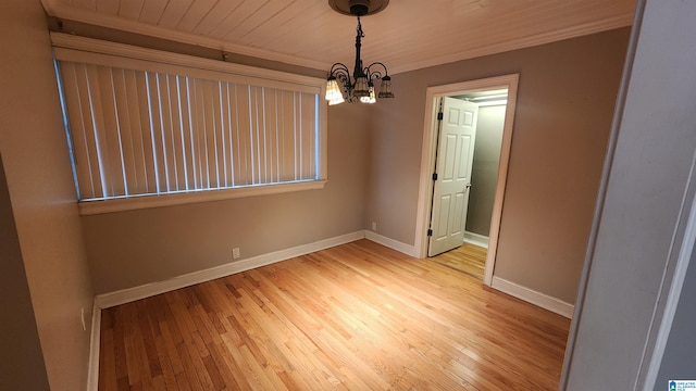 unfurnished room featuring wood ceiling, light hardwood / wood-style floors, and an inviting chandelier