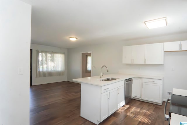 kitchen with kitchen peninsula, white cabinetry, dishwasher, and sink