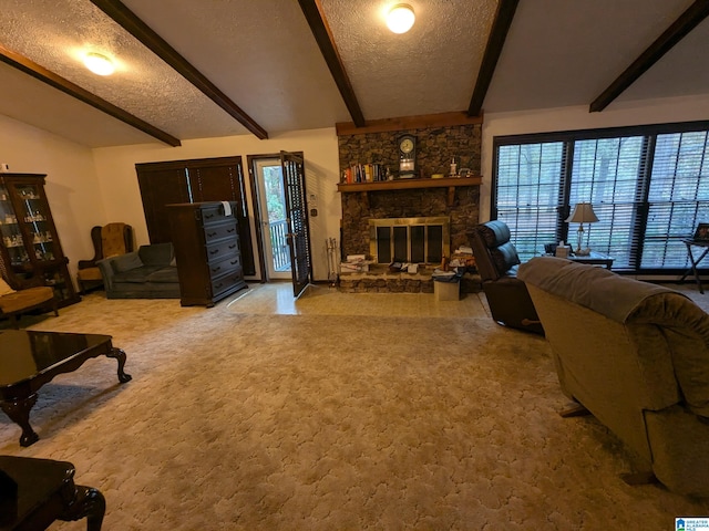 living room with a textured ceiling, light colored carpet, a fireplace, and vaulted ceiling with beams