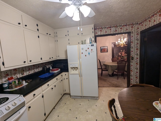 904 Marble Quarry Rd, Talladega, AL 35160 - kitchen with white appliances, light floors, wallpapered walls, a textured ceiling, and ceiling fan