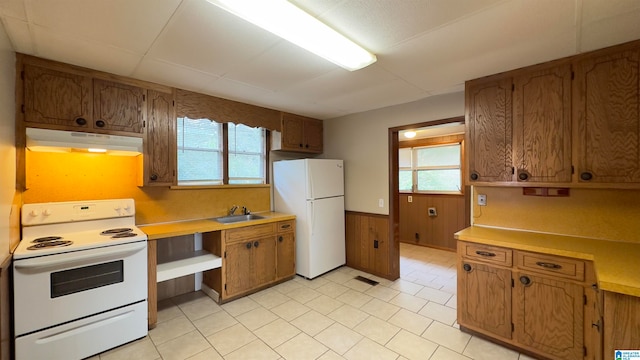 kitchen with white appliances, plenty of natural light, wooden walls, and sink