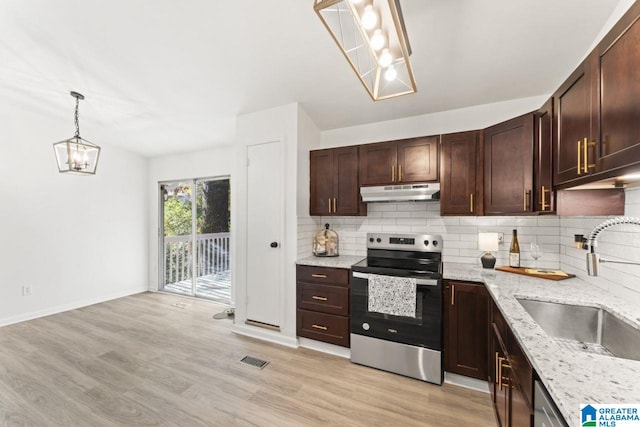 kitchen featuring light stone countertops, sink, light hardwood / wood-style flooring, hanging light fixtures, and stainless steel electric range