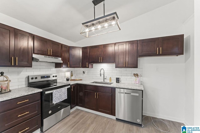 kitchen featuring backsplash, sink, hanging light fixtures, light hardwood / wood-style floors, and stainless steel appliances