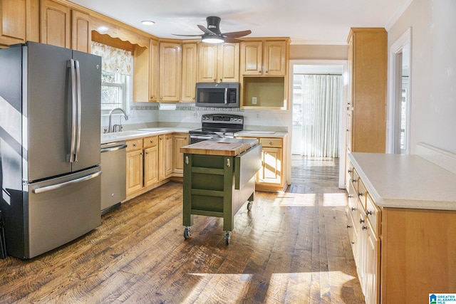 kitchen with wooden counters, decorative backsplash, stainless steel appliances, sink, and hardwood / wood-style floors